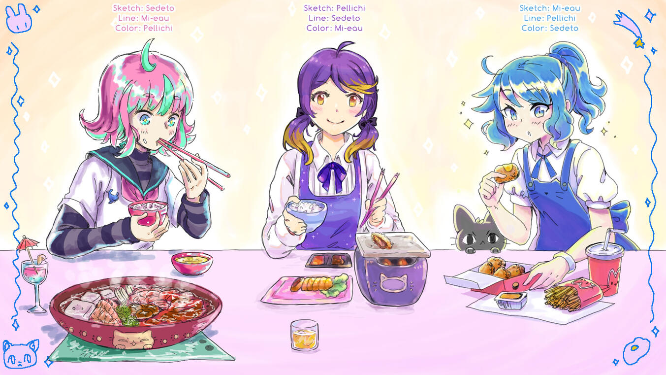 Three hands illus with Mi-eau and Pellichi